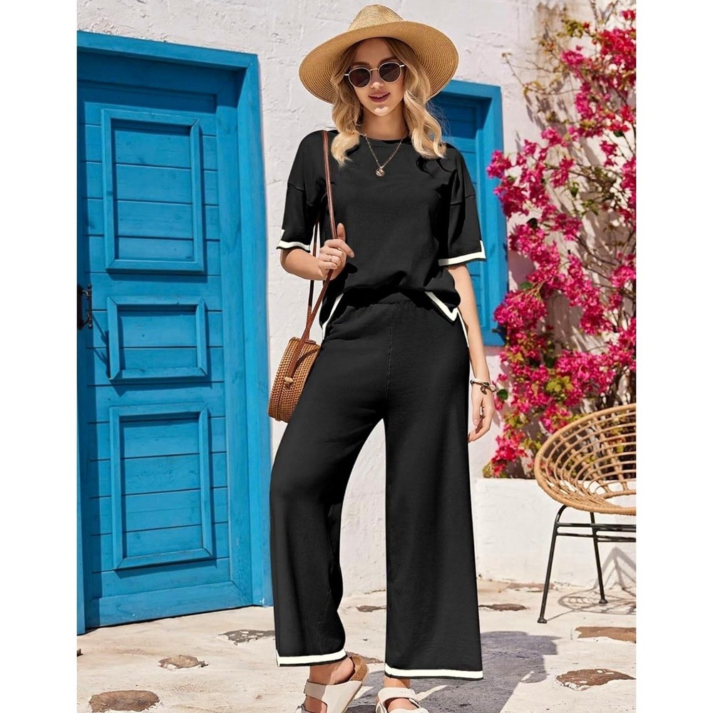 Women L 2pc Knit Set Black White Trim Top & Wide-Leg Pants